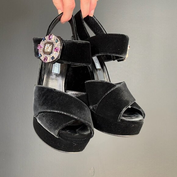 Prada Black Velvet & Crystal Heels - Picture 4 of 4